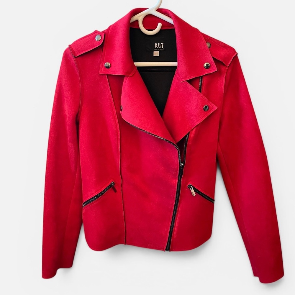 Kut From The Kloth Haddie Moto Jacket Sz Small Red Faux Suede Asymmetrical Biker